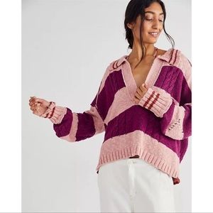 Free People Pembrook Sweater Polo Knit Oversized in Moody Pink Combo